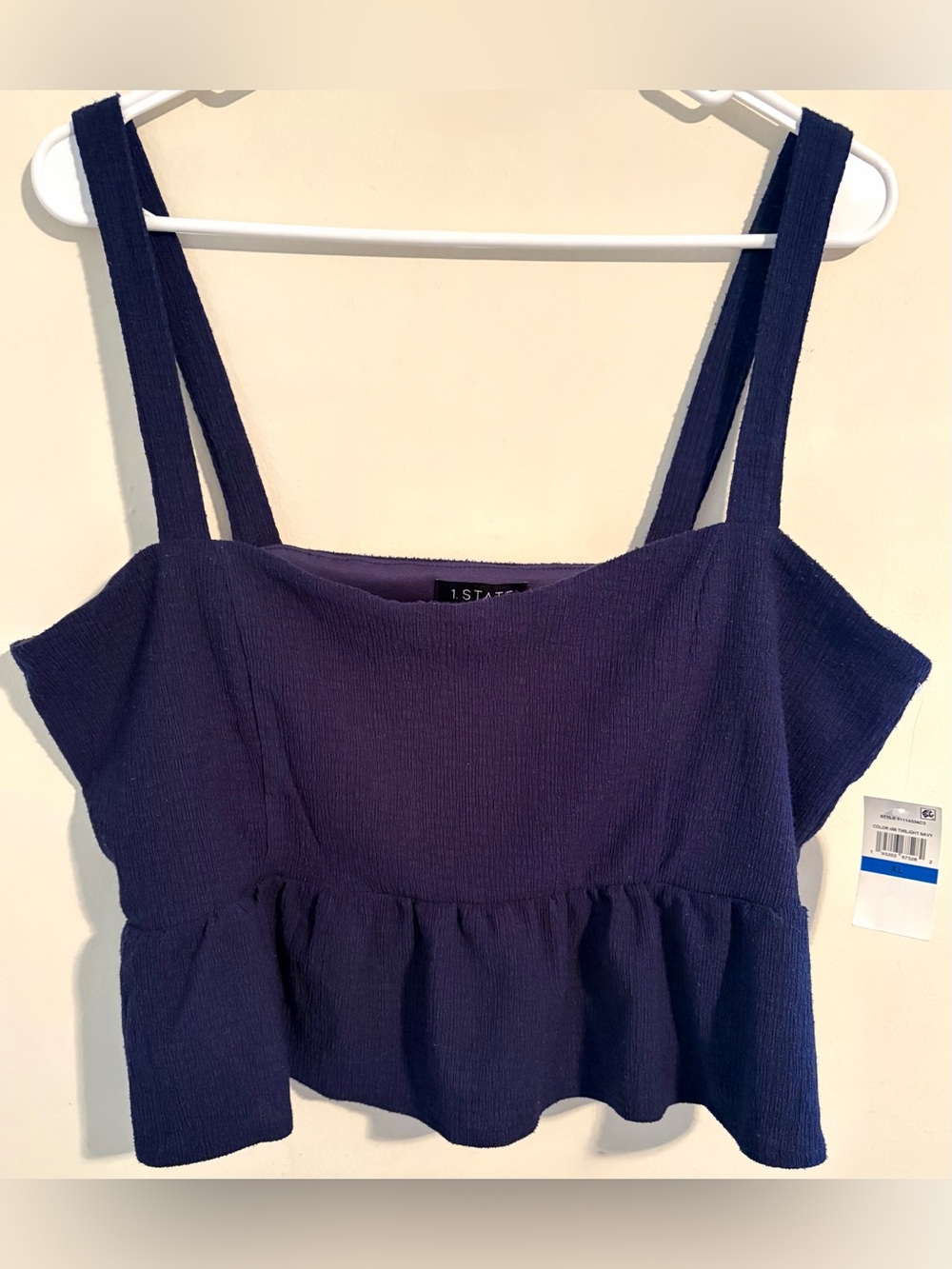 NWT Women’s 1. State Twilight Navy Blue Peplum Crop Tank Top w Wide Straps Sz XL